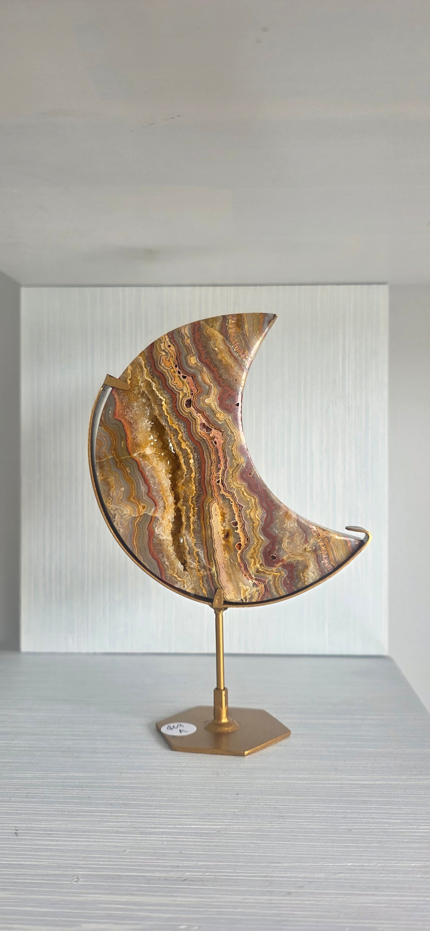Yellow Lace Agate Moon on stand (a)