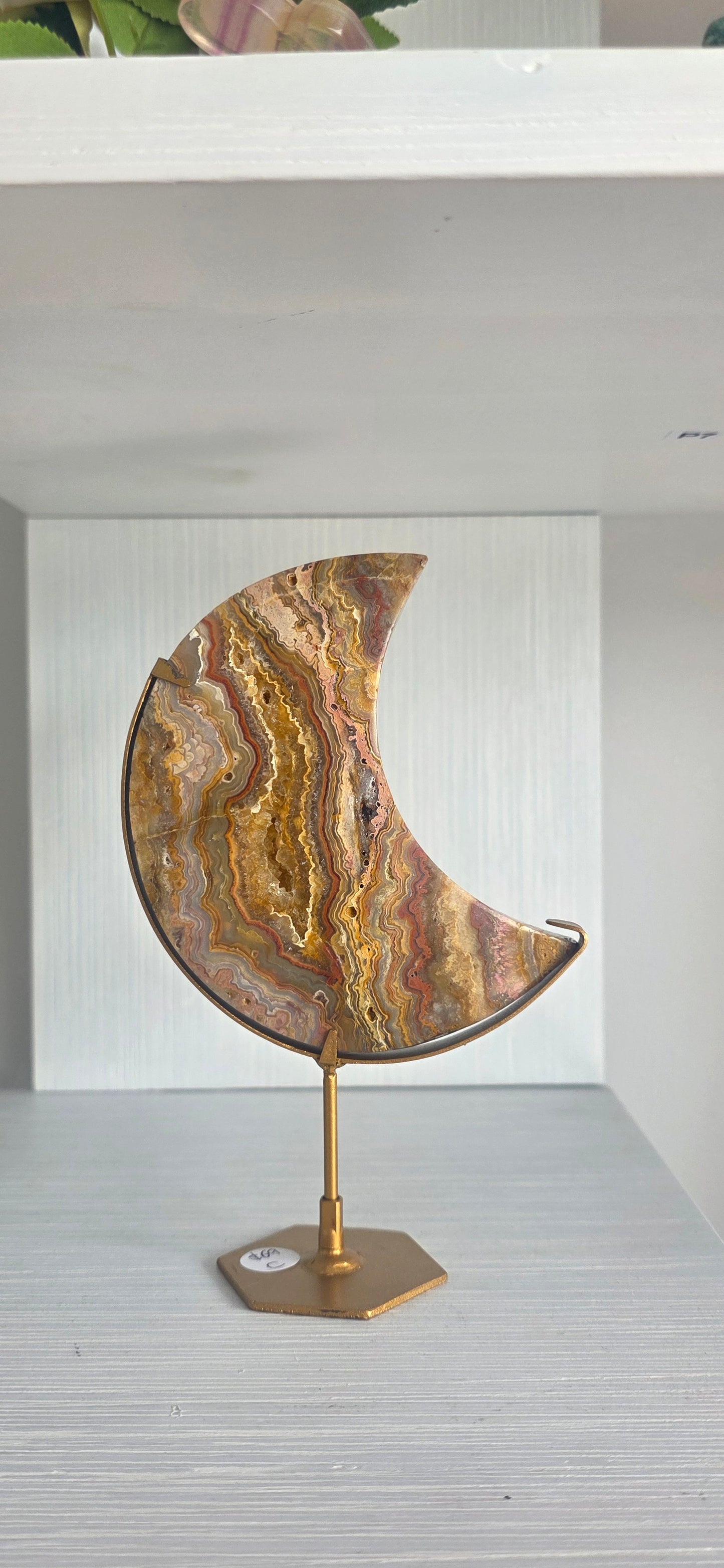 Yellow Lace Agate Moon on stand (c)