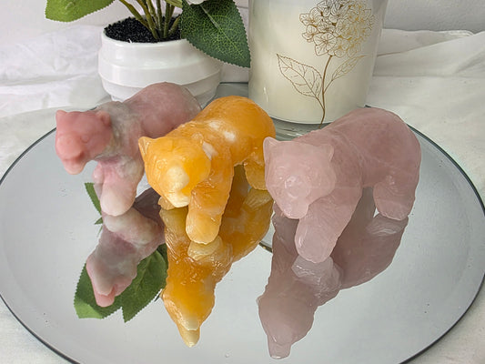 Bear carvings pink opal, rose quartz, honey calcite