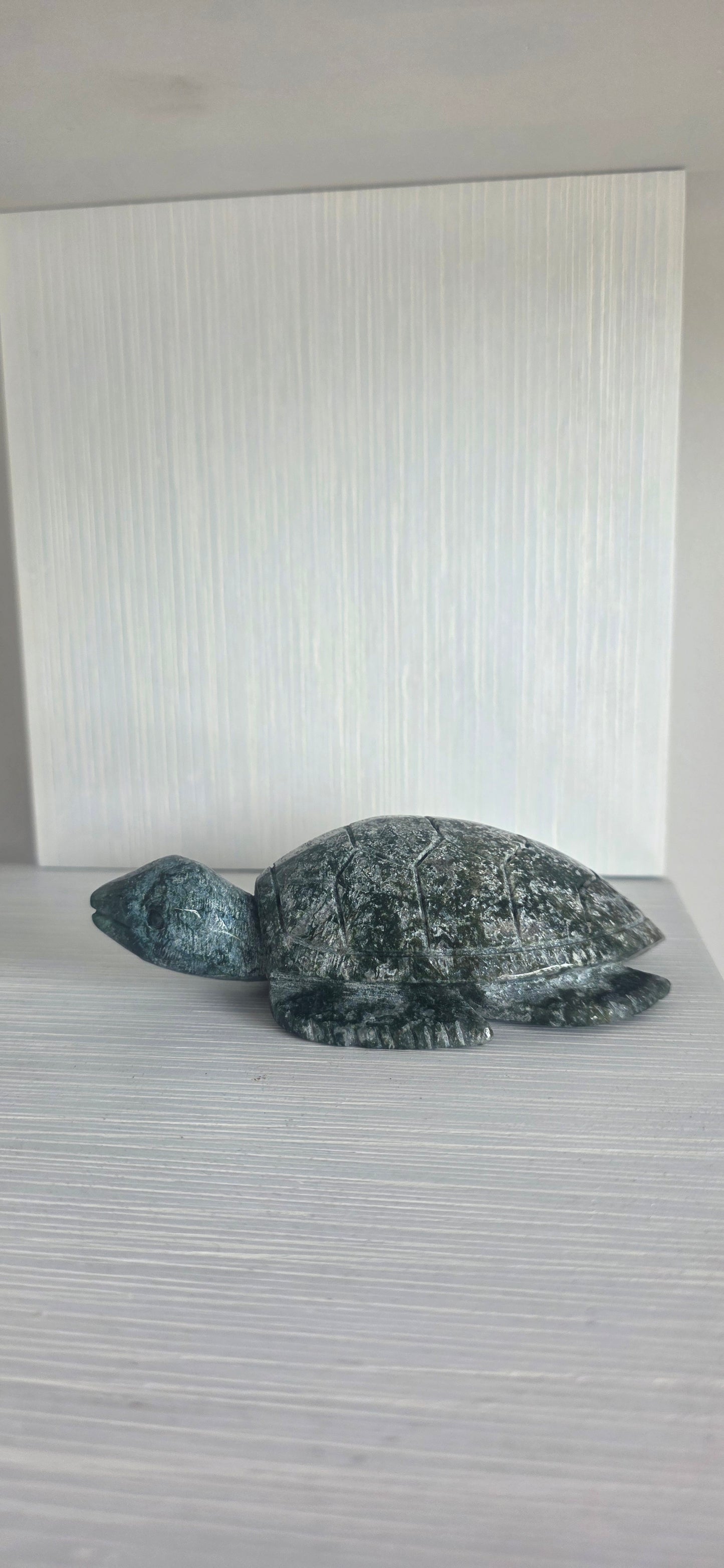 Moss agate turtle carving