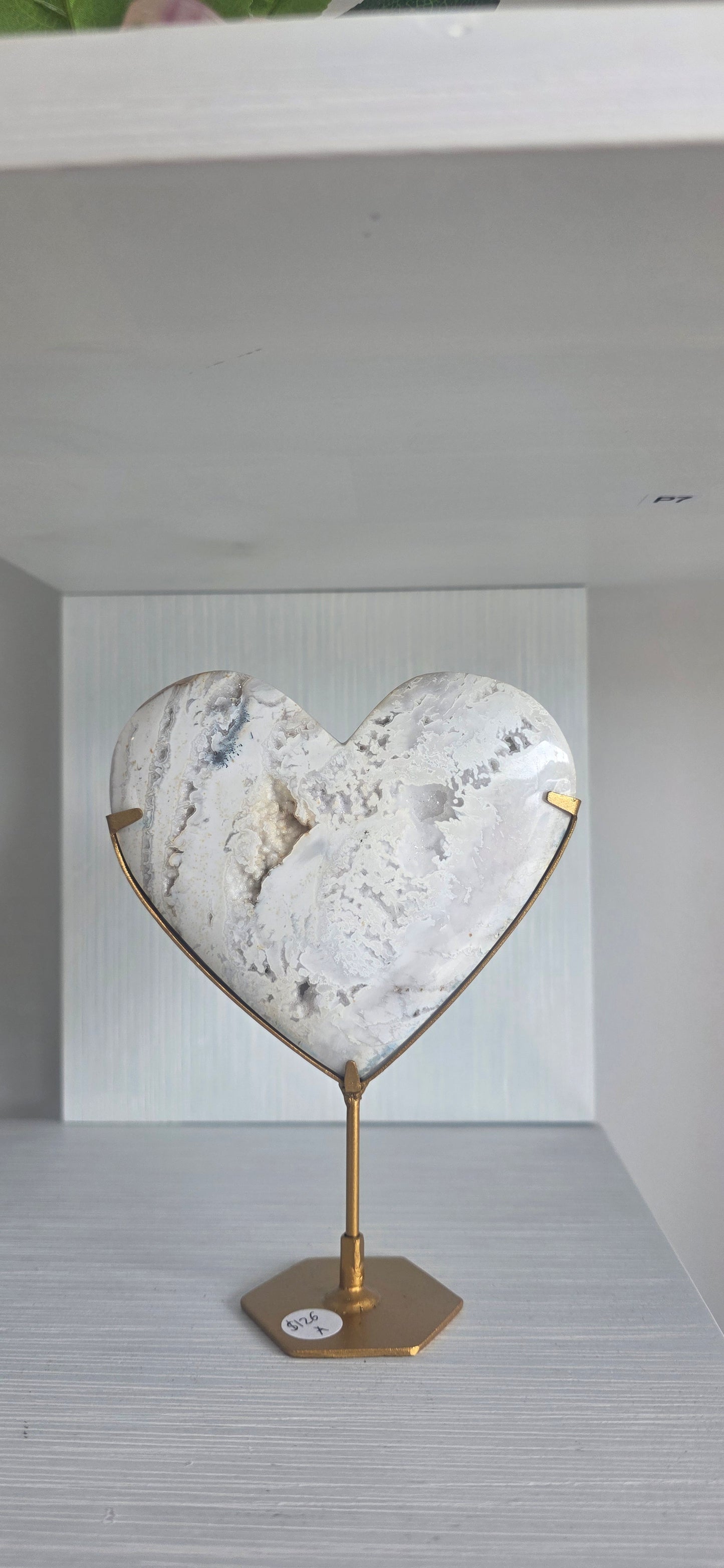 White Plume Agate Heart on stand
