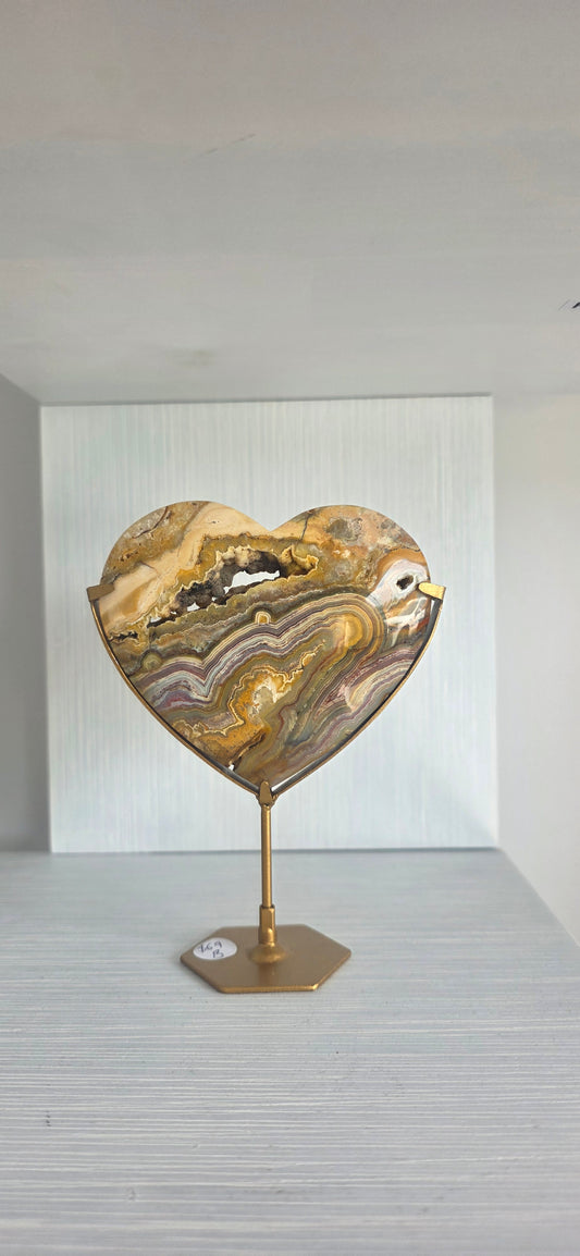 Yellow Lace Agate Heart on stand (b)