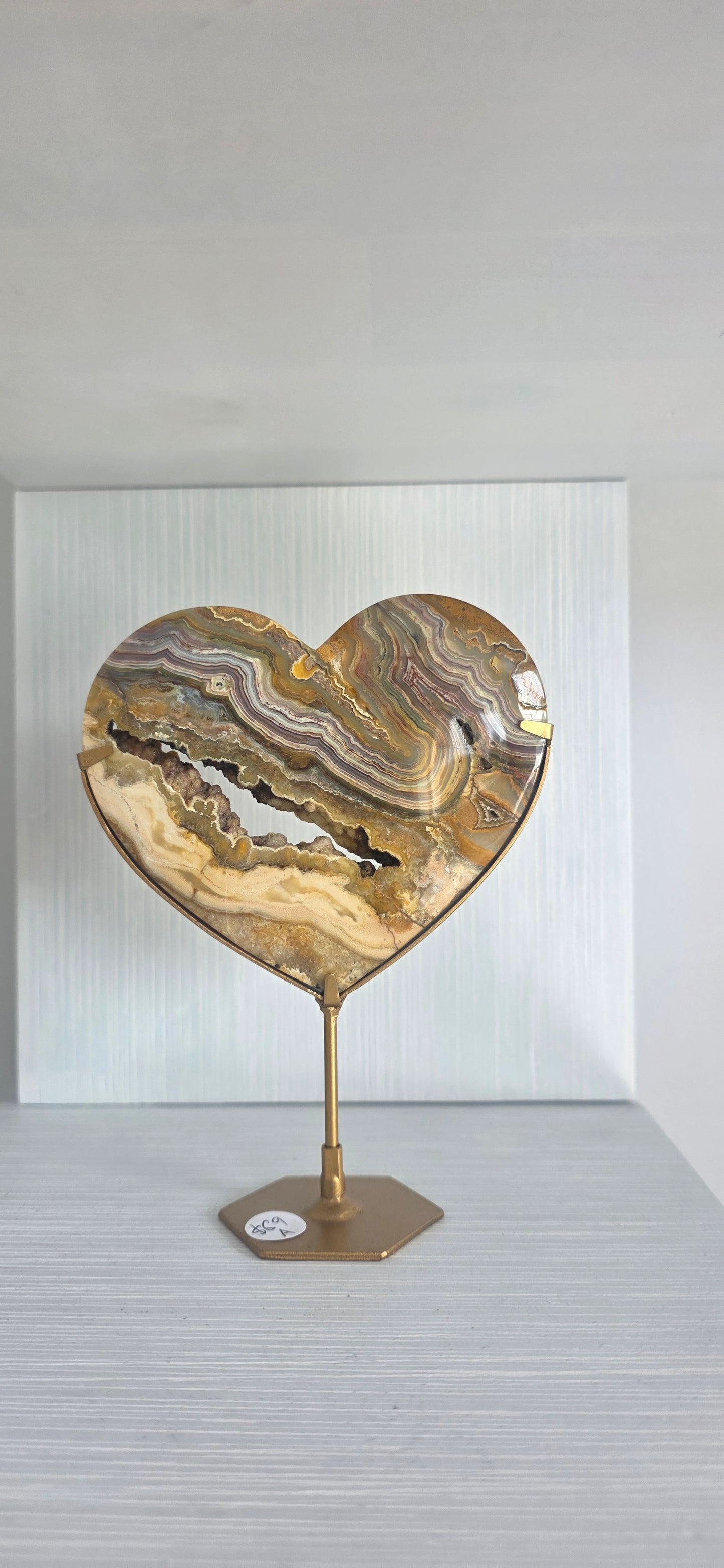 Yellow Lace Agate Heart on stand (a)