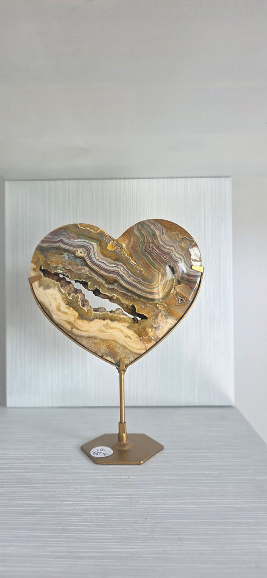 Yellow Lace Agate Heart on stand (a)