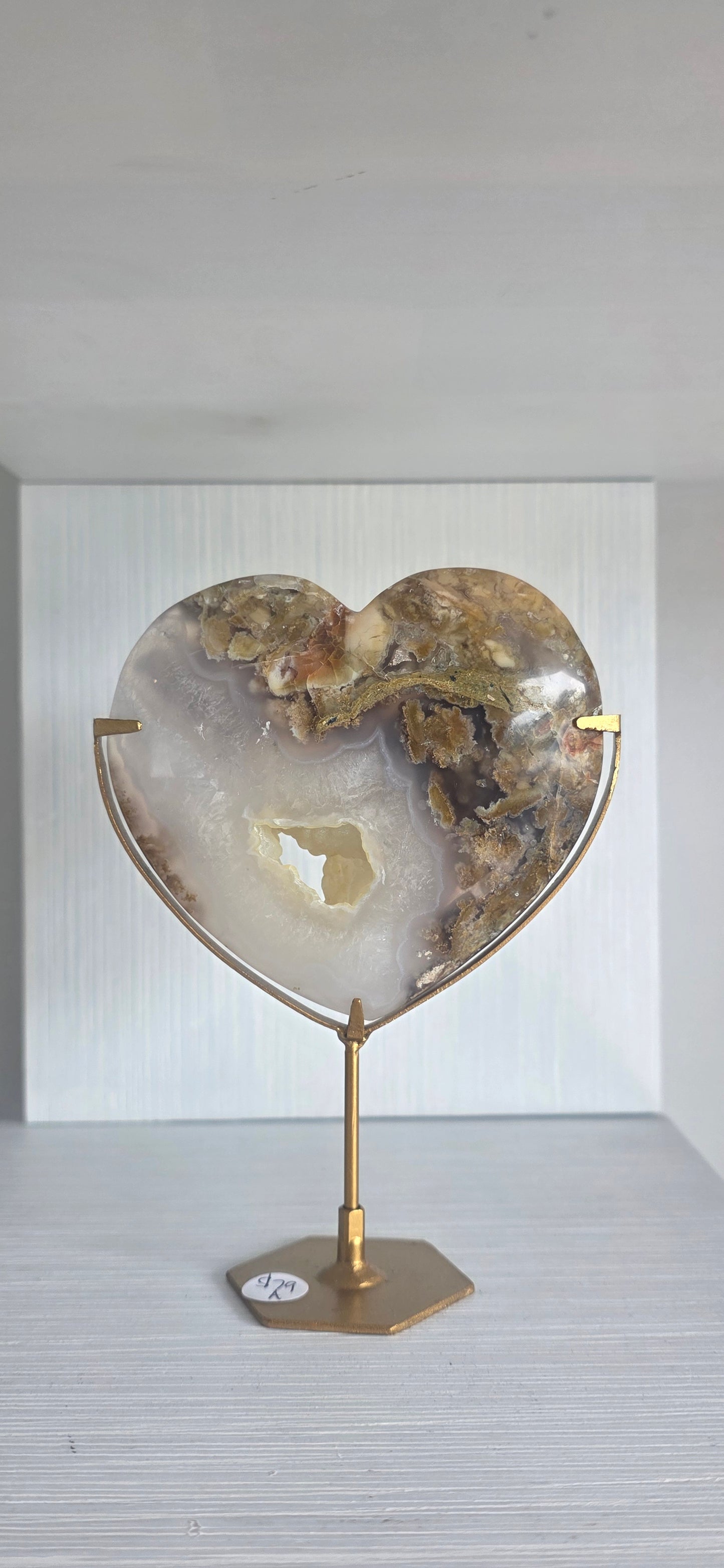 Scenic Moss Agate Heart on stand